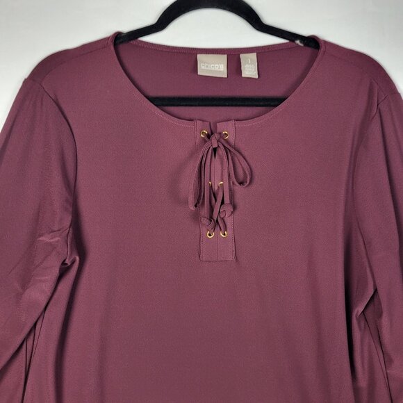 Chicos Bell Sleeve Top Women's Medium (1) Wine Burgundy Lace Front Stretchy - Picture 3 of 9